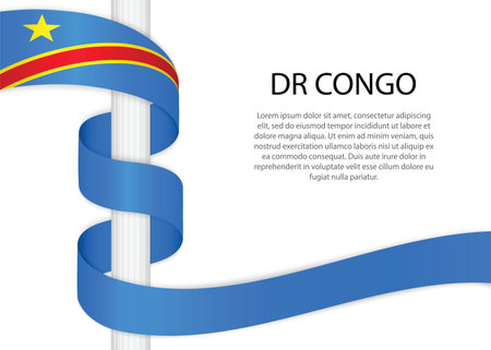 Waving ribbon on pole with flag of DR Congo. Template for independence day poster designのイラスト素材