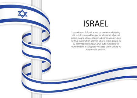 Waving ribbon on pole with flag of Israel. Template for independence day poster designのイラスト素材