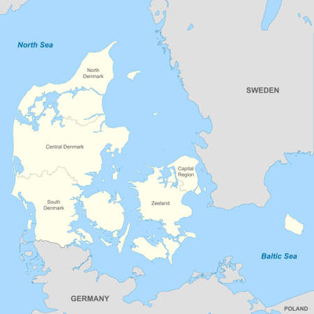Political map of Denmark with borders with borders of regions and countries