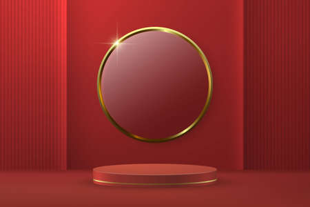 3d realistic podium or pedestal on red luxury background. product presentation mockupのイラスト素材