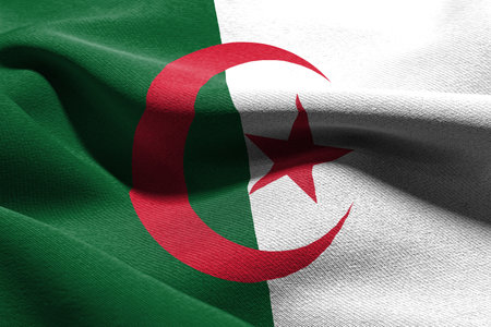 3D illustration closeup flag of Algeria. Waving on the wind flag textile backgroundの写真素材