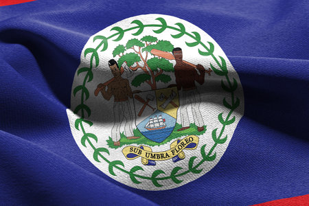 3D illustration closeup flag of Belize. Waving on the wind flag textile backgroundの写真素材