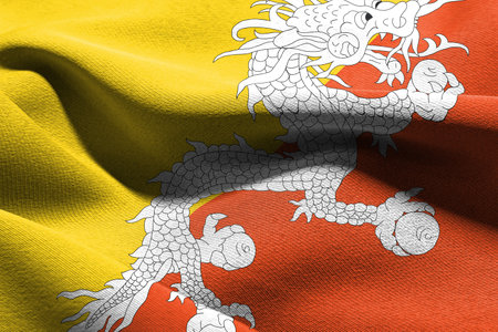 3D illustration closeup flag of Bhutan. Waving on the wind flag textile backgroundの写真素材