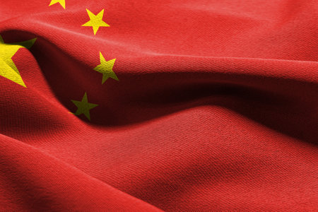 3D illustration closeup flag of China. Waving on the wind flag textile background