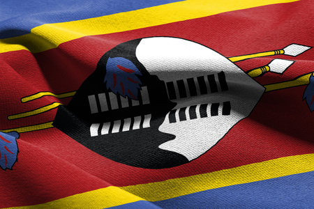 3D illustration closeup flag of Eswatini. Waving on the wind flag textile background