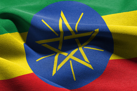 3D illustration closeup flag of Ethiopia. Waving on the wind flag textile background