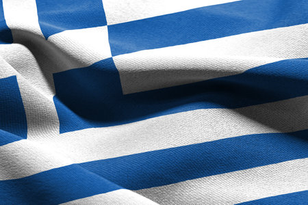3D illustration closeup flag of Greece. Waving on the wind flag textile backgroundの写真素材