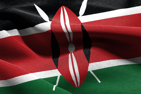 3D illustration closeup flag of Kenya. Waving on the wind flag textile backgroundの写真素材