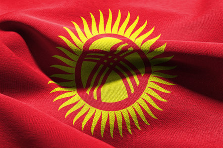 3D illustration closeup flag of Kyrgyzstan. Waving on the wind flag textile backgroundの写真素材