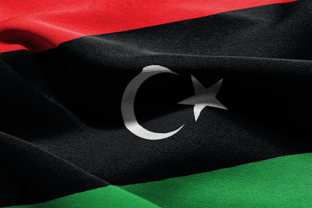 3D illustration closeup flag of Libya. Waving on the wind flag textile backgroundの写真素材