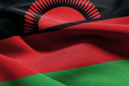 3D illustration closeup flag of Malawi. Waving on the wind flag textile backgroundの写真素材