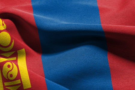 3D illustration closeup flag of Mongolia. Waving on the wind flag textile backgroundの写真素材