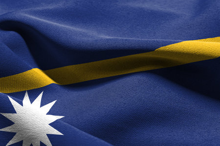 3D illustration closeup flag of Nauru. Waving on the wind flag textile backgroundの写真素材