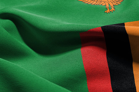 3D illustration closeup flag of Zambia. Waving on the wind flag textile backgroundの写真素材