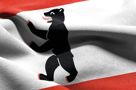 3D illustration flag of Berlin is a region of Germany. Waving on the wind flag textile backgroundの写真素材