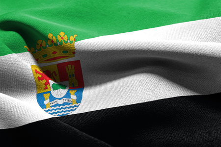 3D illustration flag of Extremadura is a region of Spain. Waving on the wind flag textile backgroundの写真素材