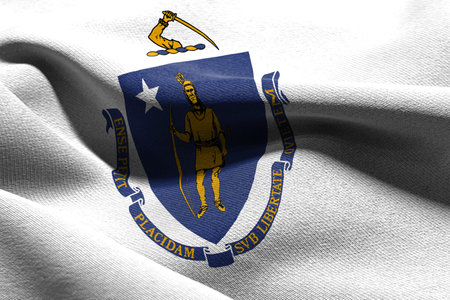 3D illustration flag of Massachusetts is a state of United States. Waving on the wind flag textile backgroundの写真素材