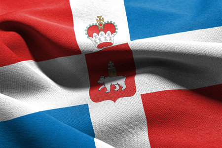 3D illustration flag of Perm Krai is a region of Russia. Waving on the wind flag textile backgroundの写真素材