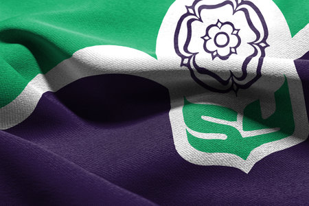 3D illustration flag of South Yorkshire is a region of England. Waving on the wind flag textile backgroundの写真素材