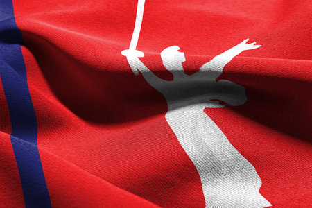 3D illustration flag of Volgograd Oblast is a region of Russia. Waving on the wind flag textile backgroundの写真素材