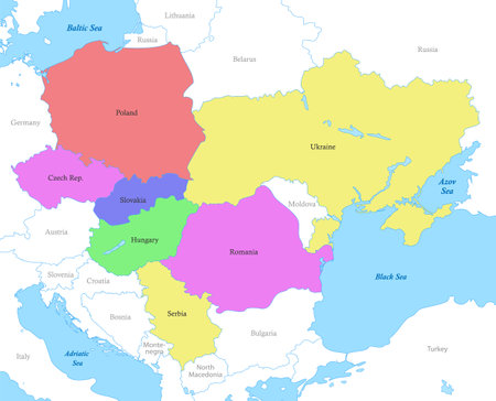 Color political map of Carpathian states with borders of the countries.のイラスト素材