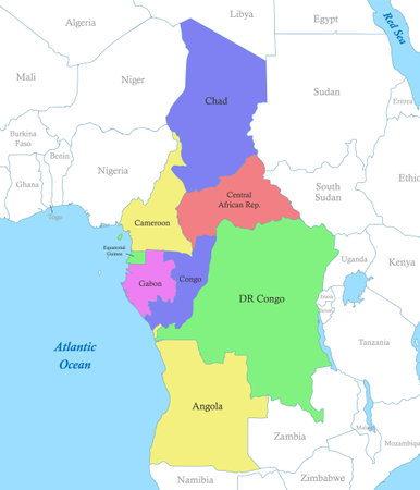 Political color map of Central Africa with borders of the states.のイラスト素材