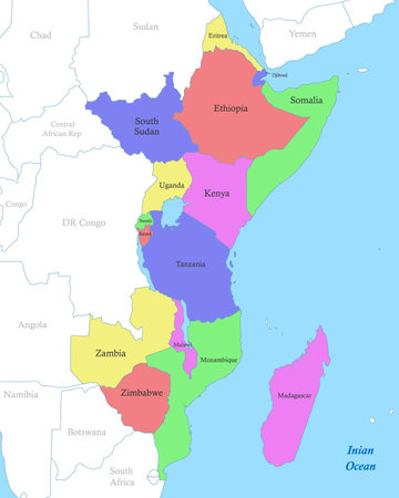 Political color map of Eastern Africa with borders of the states.のイラスト素材