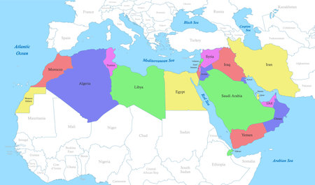 Political color map of MENA region with borders of the states. Middle East and North Africaのイラスト素材