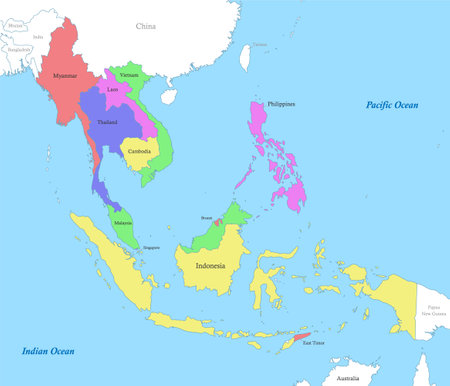 Political color map of Southeast Asia with borders of the states.のイラスト素材