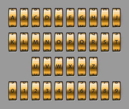 Combination lock font. Realistic gold mechanical codeのイラスト素材