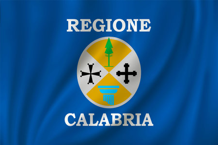 Flag of Calabria waving in the wind on silk background. State Italyのイラスト素材