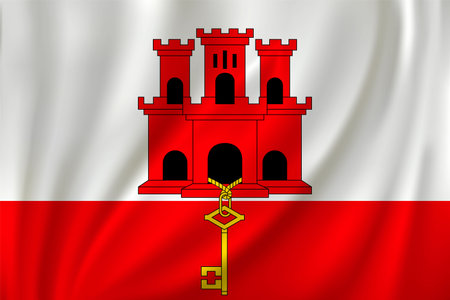 Flag of Gibraltar waving in the wind on silk backgroundのイラスト素材