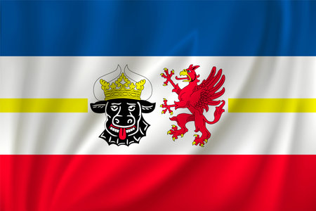 Flag of Mecklenburg-Vorpommern waving in the wind on silk background, State Germanyのイラスト素材