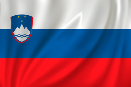 Flag of Slovenia waving in the wind on silk backgroundのイラスト素材