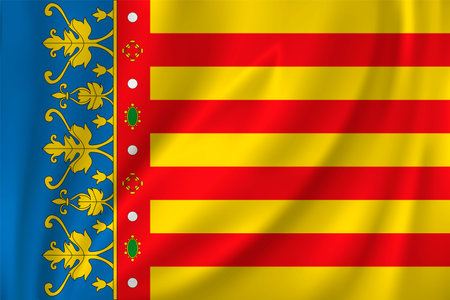 Flag of Valencian Community waving in the wind on silk background. State Spainのイラスト素材