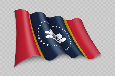 3D Realistic waving Flag of Mississippi is a state of United States on transparent backgroundのイラスト素材