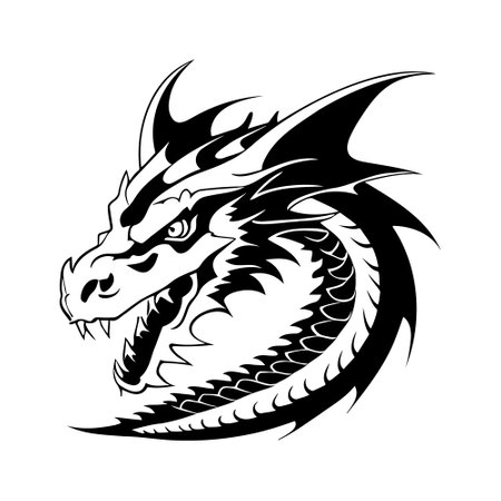 Dragon head black and white vector icon. Template for logo, emblem or badge designのイラスト素材