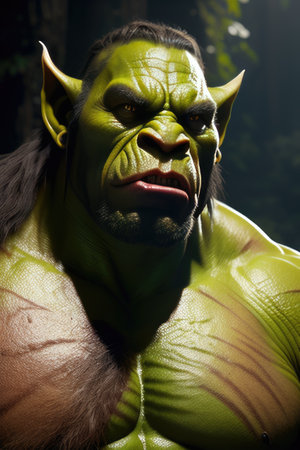Fantasy illustration of Green Orc warrior in the forest, Generative AIの素材