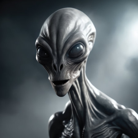Fantasy illustration of an ultra realistic Gray Alien in dramatic light fogの素材
