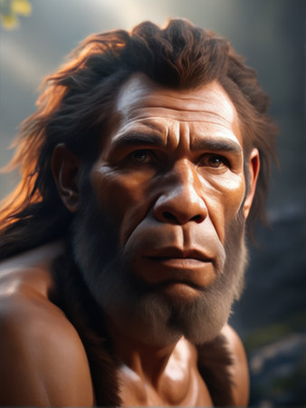 Fantasy illustration of an ultra realistic caveman in dramatic light fogの素材