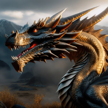 Fantasy photo of an ultra realistic Dragon in dramatic light fogの素材