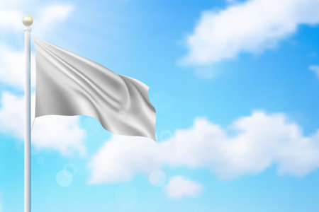 Empty blank of flag on flagpole. White waving flag template.のイラスト素材