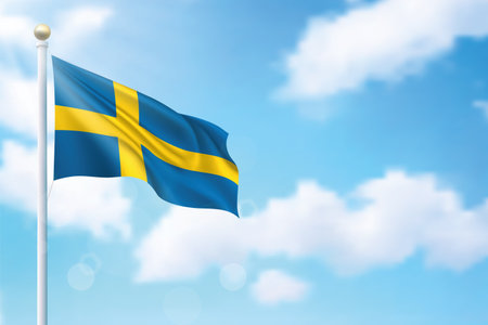 Waving flag of Sweden on sky background. Template for independence day poster designのイラスト素材