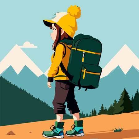 Tourist or hiker person hiking with a backpack, walking through the mountain, flat design vector illustrationのイラスト素材