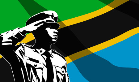 Silhouette of soldier with Tanzania flag on background. Army day conceptのイラスト素材
