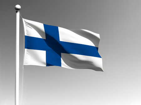 Finland national flag isolated waving on gray backgroundの写真素材