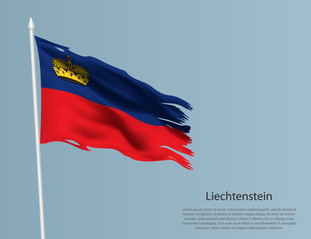 Ragged national flag of Liechtenstein. Wavy torn fabric on blue background. Realistic vector illustrationのイラスト素材