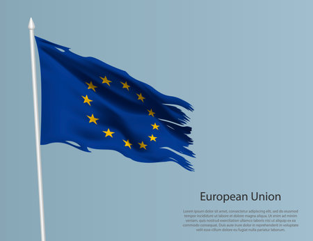 Ragged national flag of European Union. Wavy torn fabric on blue background. Realistic vector illustrationのイラスト素材