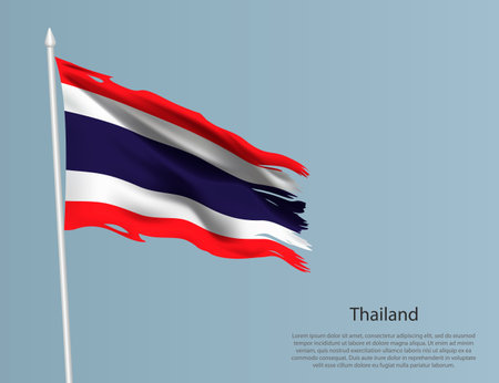 Ragged national flag of Thailand. Wavy torn fabric on blue background. Realistic vector illustrationのイラスト素材