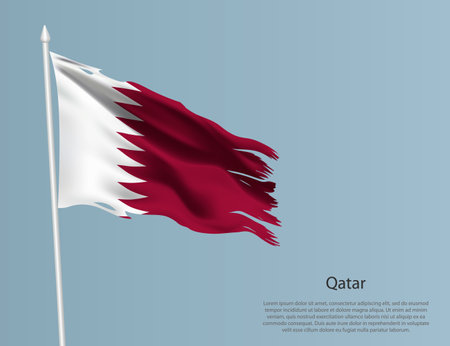 Ragged national flag of Qatar. Wavy torn fabric on blue background. Realistic vector illustrationのイラスト素材